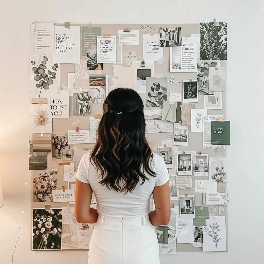 Woman planning and organising ideas on a mood board wall — building a new model of operations support in 2025