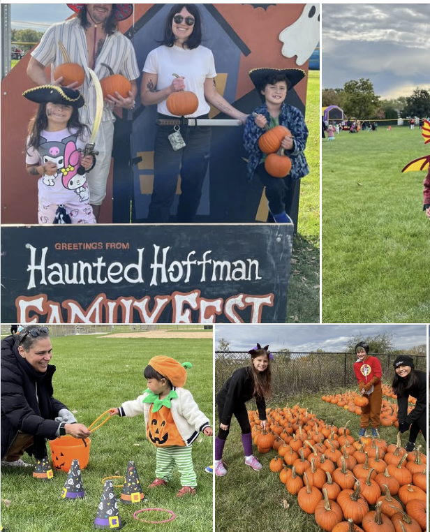 People celebrating at a fall festival with pumpkins, children and adults dressed in costumes, and a sign that reads 'Greetings from Haunted Hoffman Family Fest'.