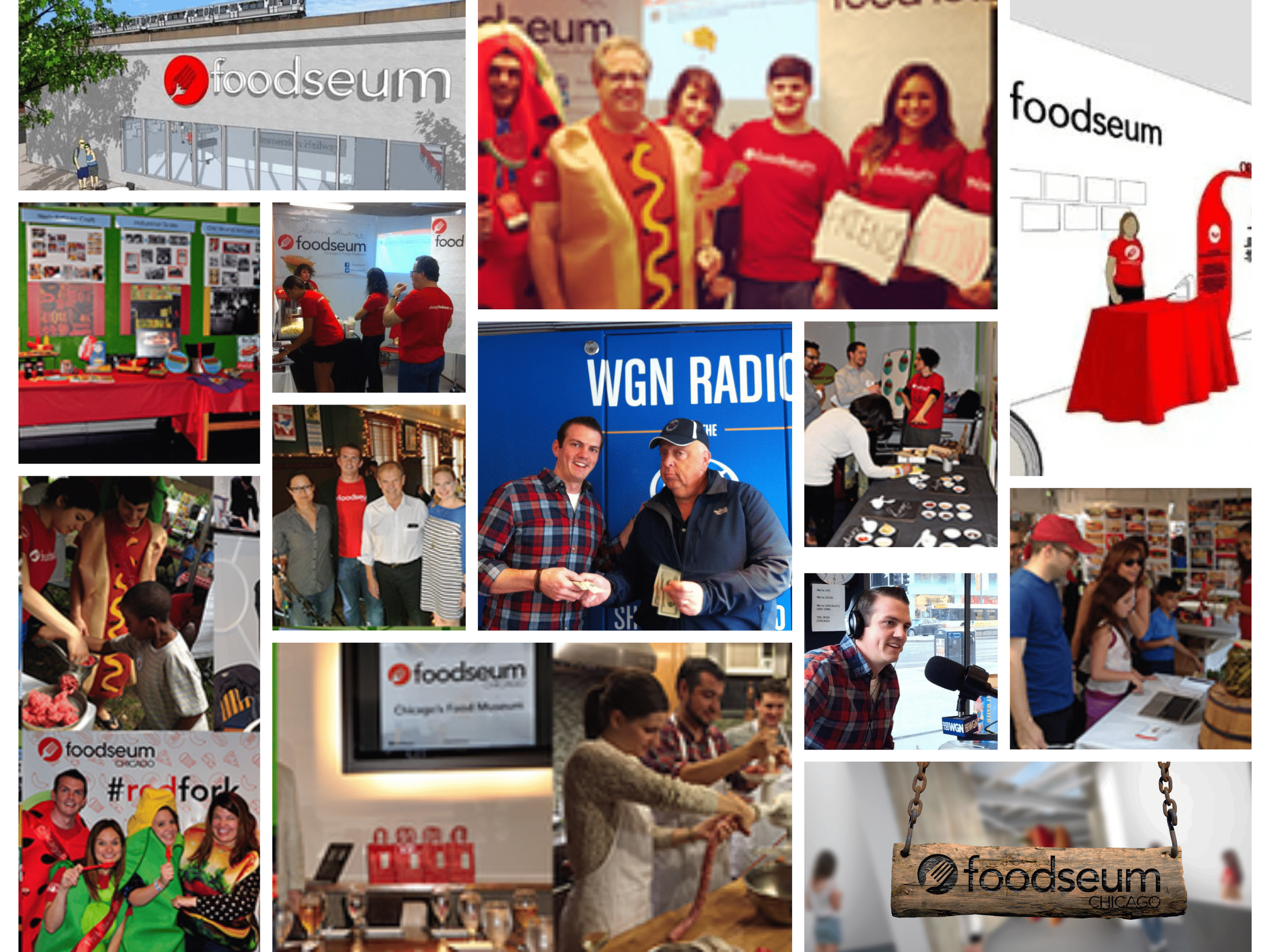 Collage of photos from a food-themed event at Foodseum in Chicago, including people in food-related costumes, displays, and activities.