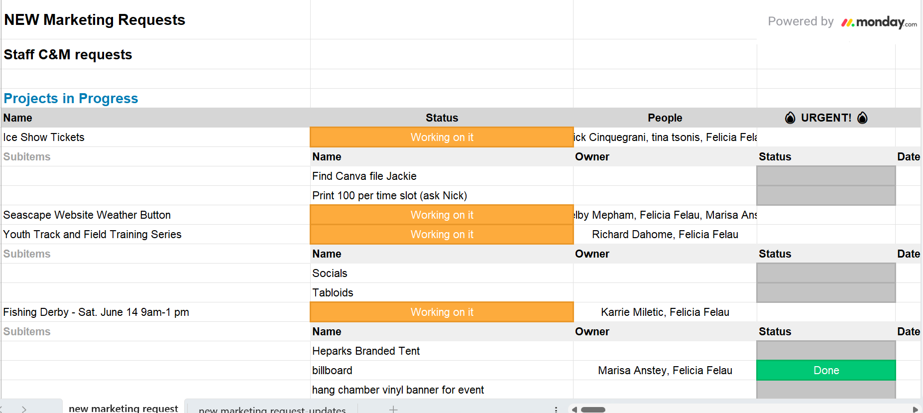 Excel sheet with requests, task, project owners etc.
