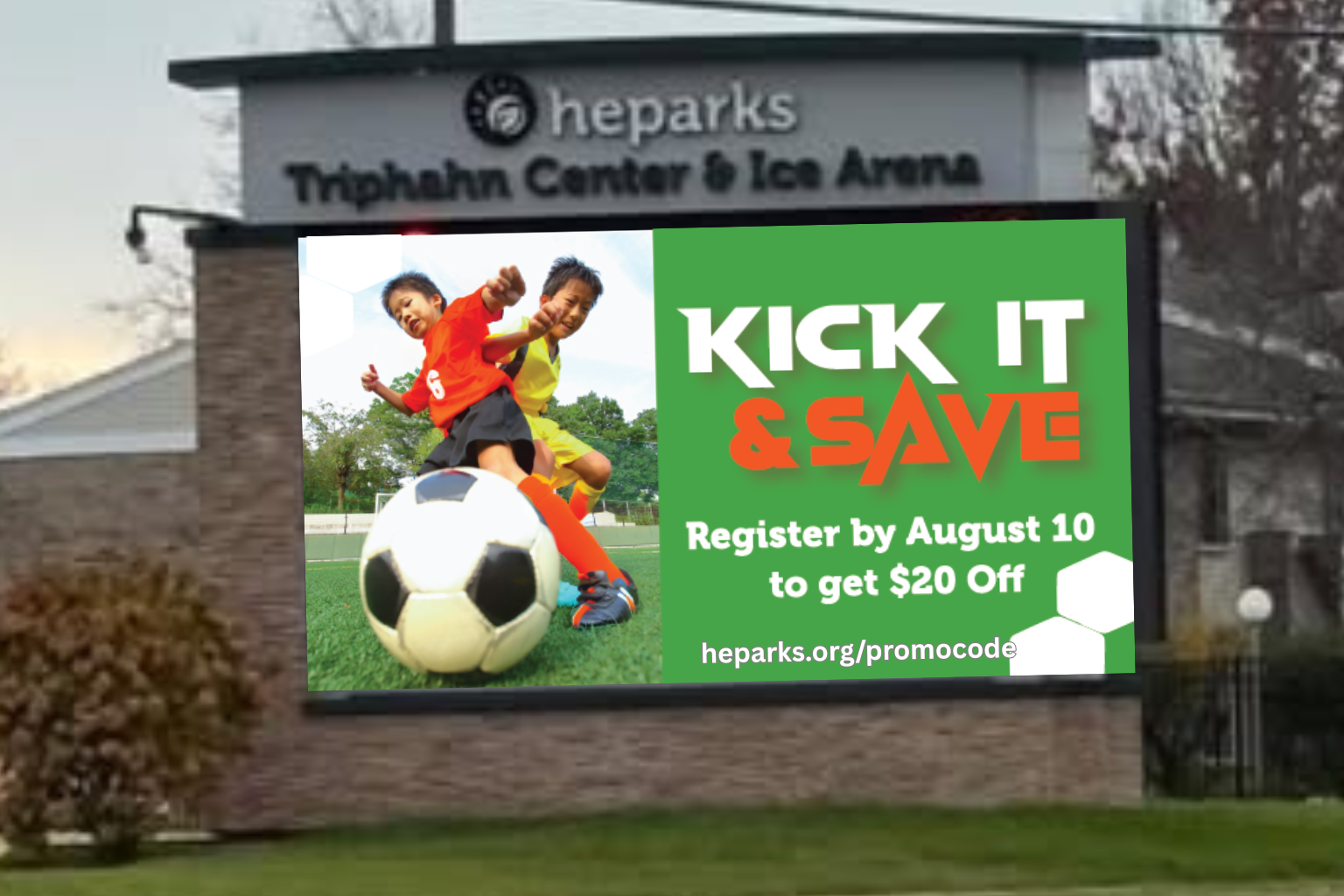 Kick it and Save digital billboard with kids playing soccer