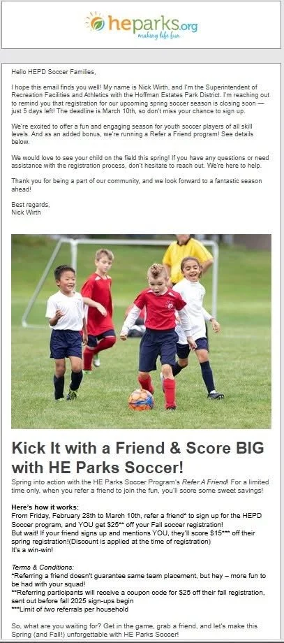 soccer players on the field in an email from Athletics Superintendent