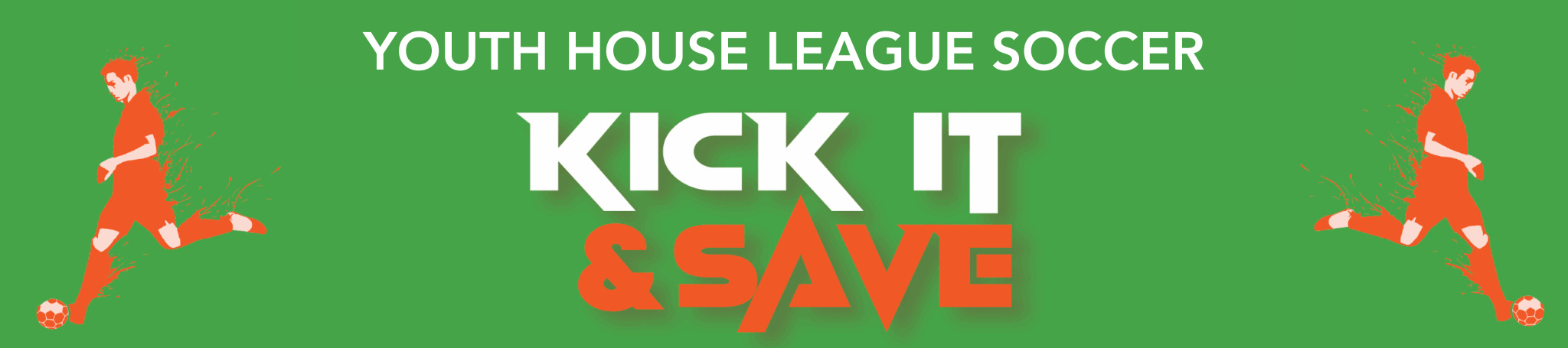 Kick it and save green web banner with soccer player graphics