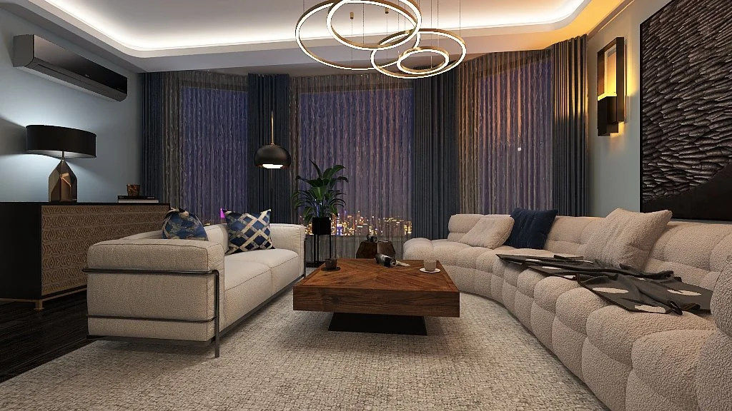 Modern living room at night with large beige sectional sofa, statement chandelier and glowing city view through large windows