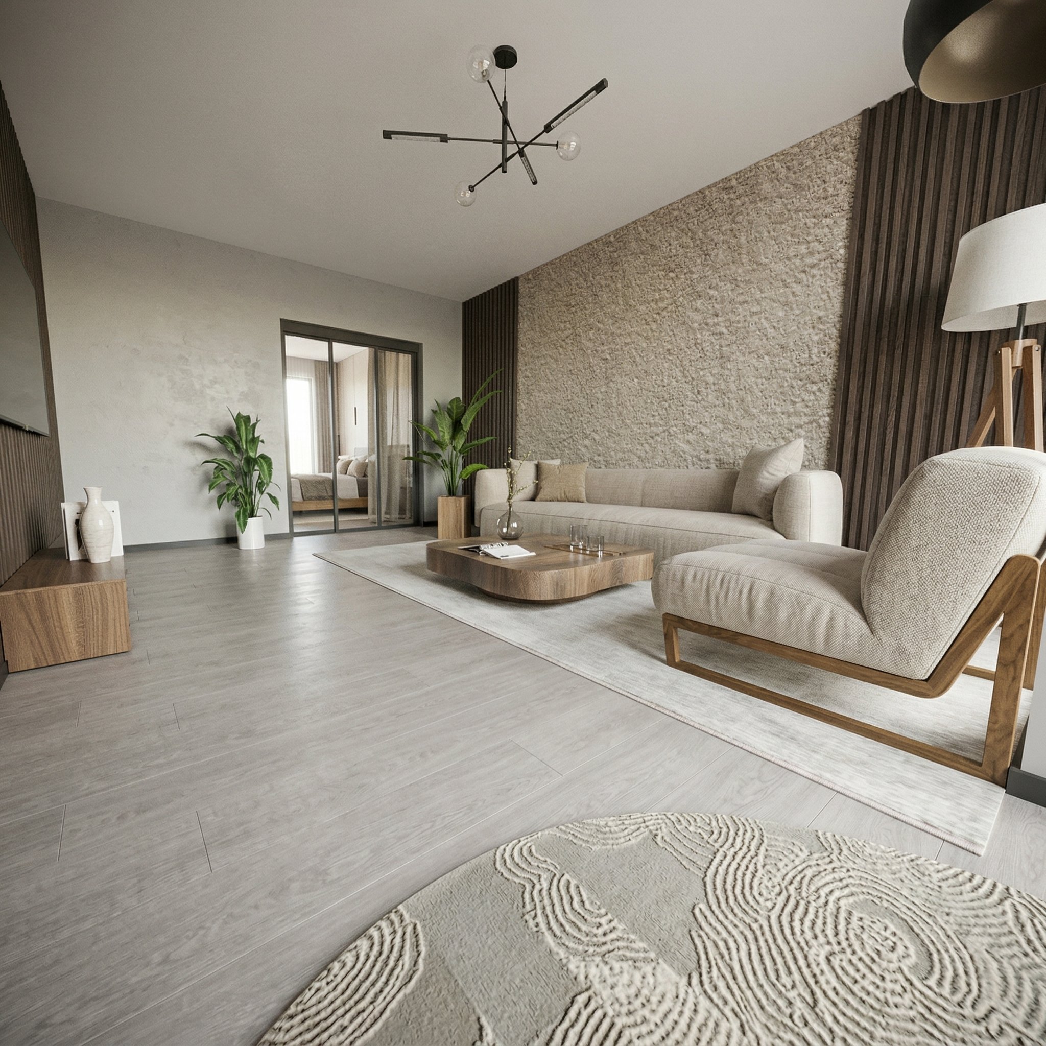 Bright and airy Japandi living room with beige sofa, wooden coffee table, textured stone accent wall, modern black chandelier and natural wooden armchair in a calm, minimalist sanctuary
