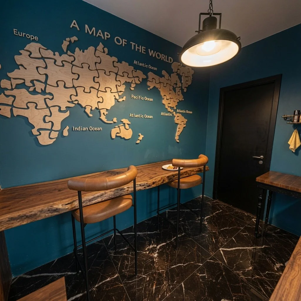 A room with a blue wall featuring a large wooden puzzle map of the world, titled "A MAP OF THE WORLD." The continents are cutouts with labels such as "Europe," "India Ocean," "Pacific Ocean," "Atlantic Ocean," "Atlantic," and "Mediterranean Ocean." There is a wooden counter with two leather bar stools, a hanging light fixture, a black door, and a small table with a yellow cloth hanging on a shelf.