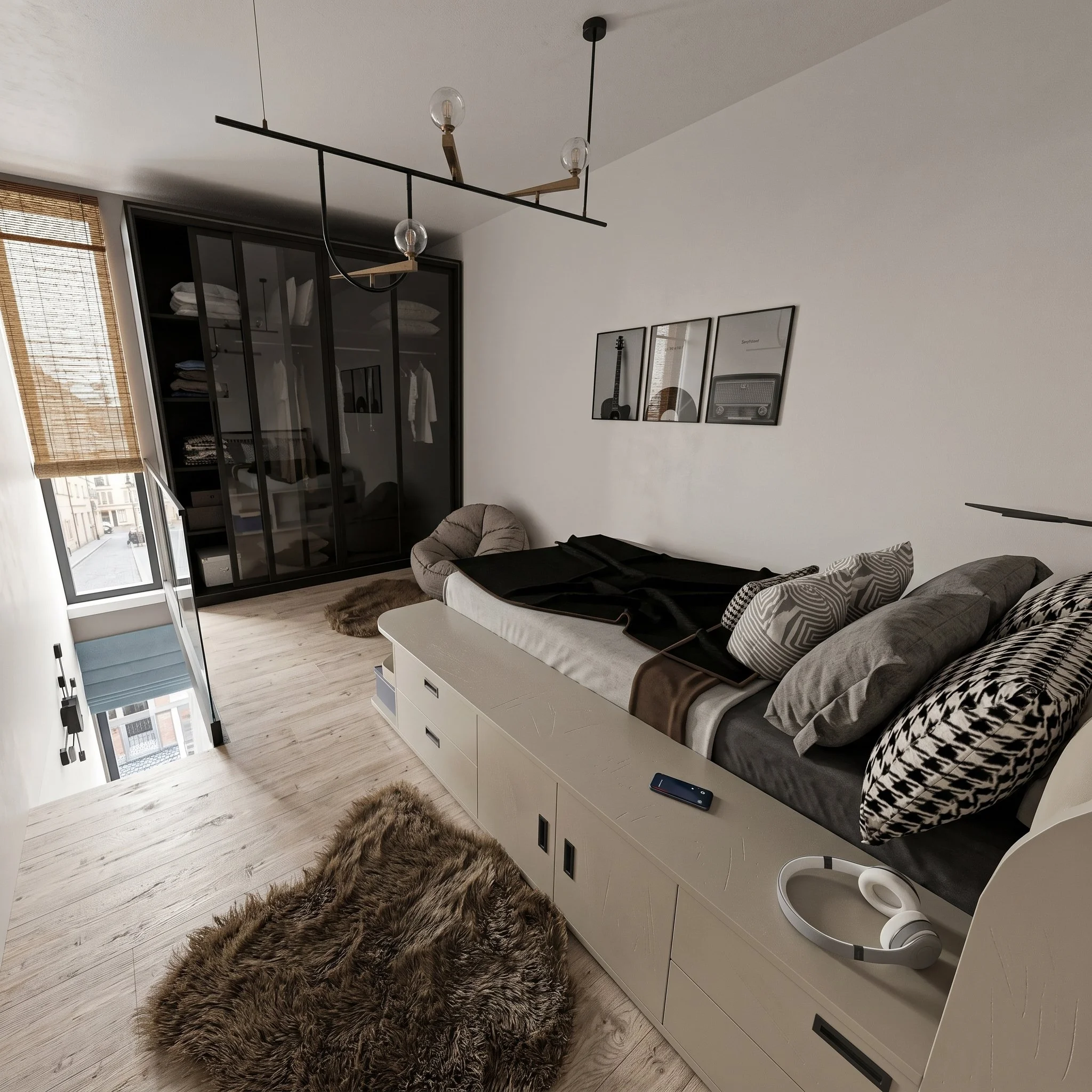 Cozy Japandi mini loft bedroom with built-in platform bed and storage drawers, black pendant light, patterned pillows, fluffy rug and glass wardrobe creating a functional, space-saving sleeping area with city view