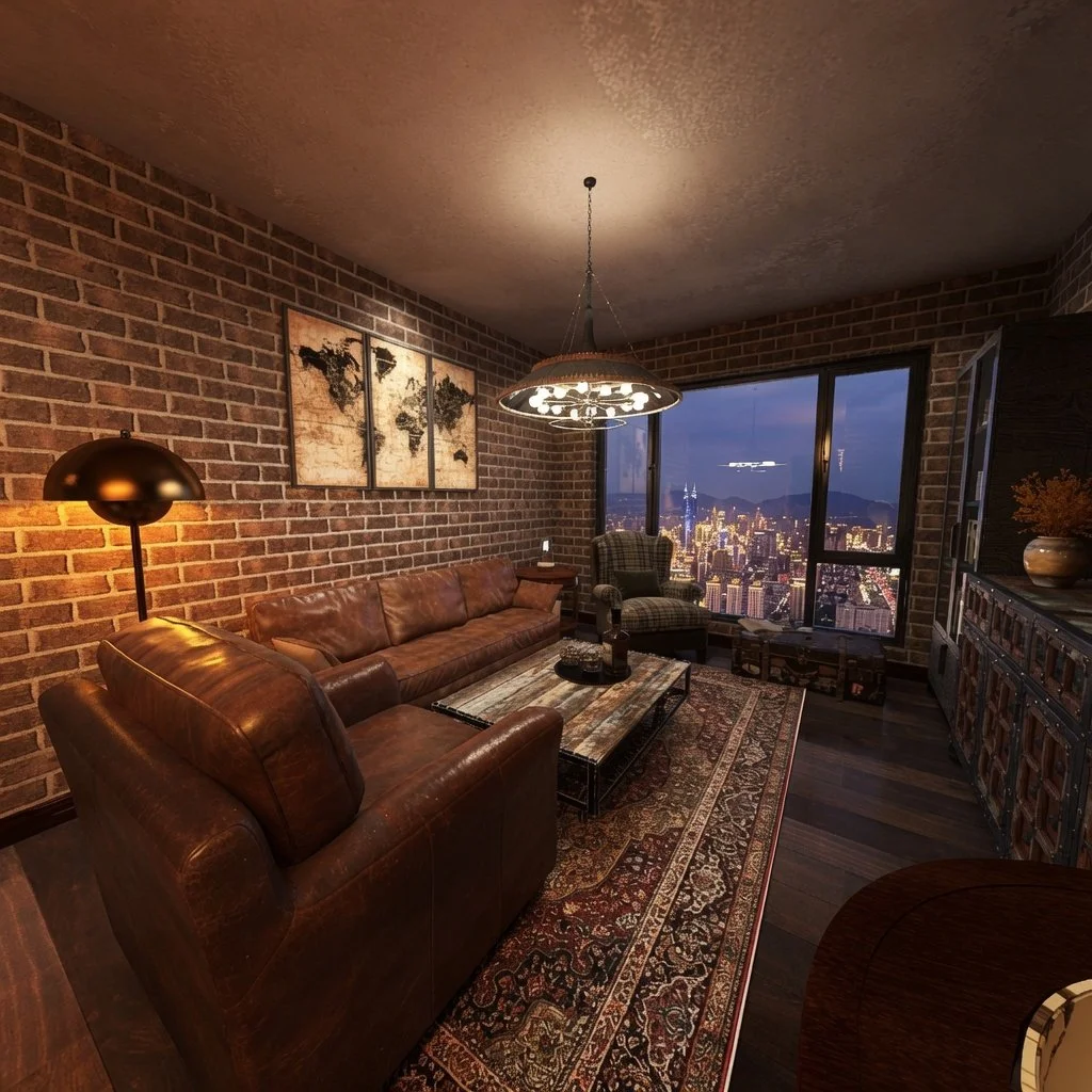 Living room with brick walls, leather sofa, armchair, wooden coffee table, patterned rug, large window with city skyline view, artwork of world map, bookshelf, and a pendant light hanging from the ceiling.