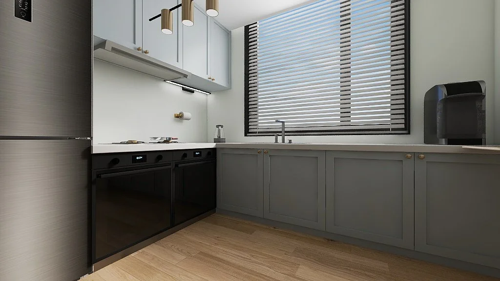 Modern Japandi kitchen with minimalist grey cabinetry, wooden accents, large window with blinds and functional open-plan design in a calm, light-filled space