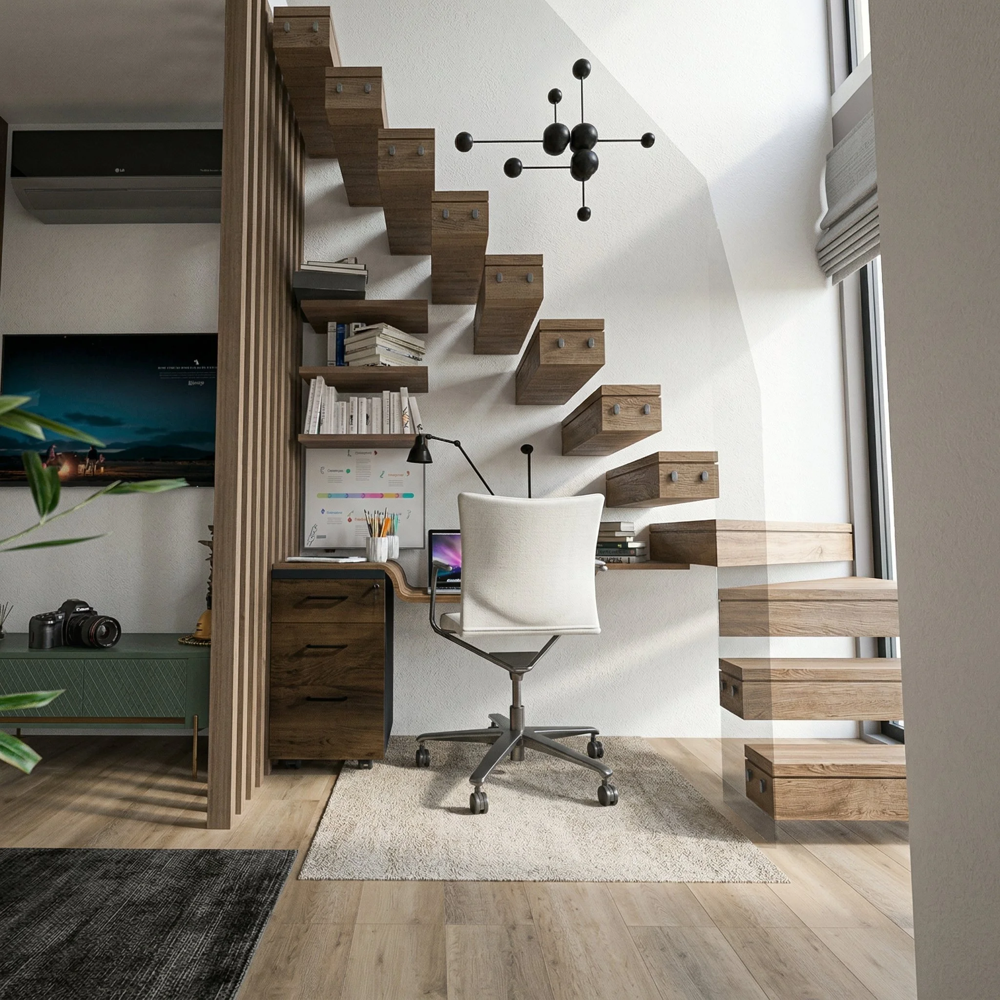 Functional workspace corner in Mini Loft under wooden staircase with floating wooden shelves, white ergonomic office chair, compact desk, laptop and natural light from large window creating an inspiring, efficient home office