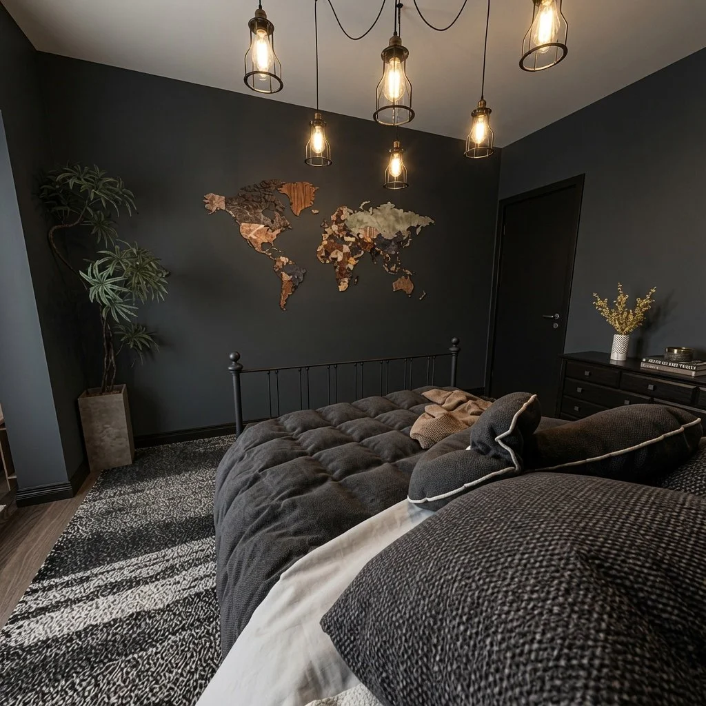 A bedroom with dark walls, a black metal bedframe, a star-shaped world map wall art, a tall plant in a square planter, a black dresser with a vase of yellow flowers and books, a patterned black and white rug, and five hanging Edison bulbs with black cords from the ceiling.
