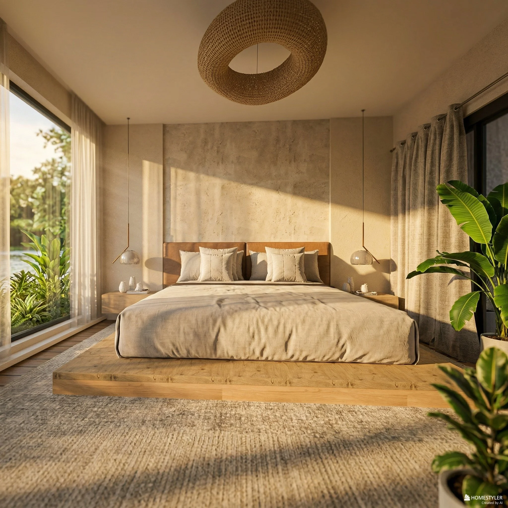 Peaceful Japandi bedroom sanctuary with low platform bed, built-in wooden wardrobe, soft neutral textiles, warm lighting and calming minimalist design