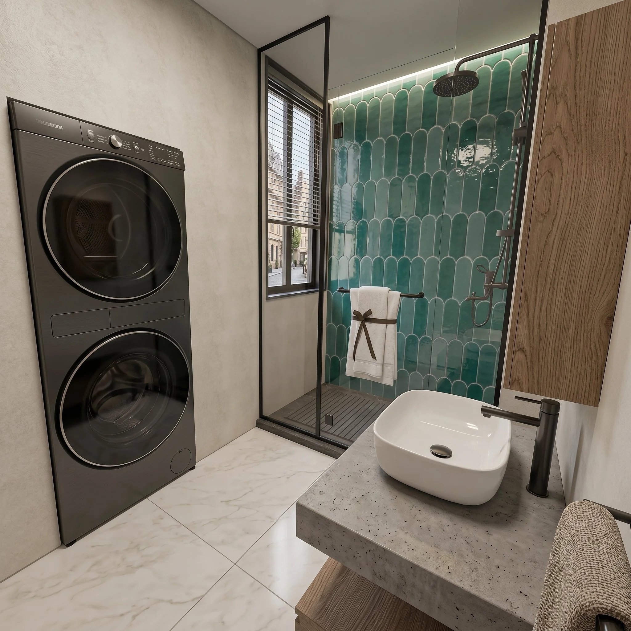 Serene Japandi bathroom with wooden vanity, white vessel sink, textured tiles, large mirror and calming natural materials in a minimalist wellness space