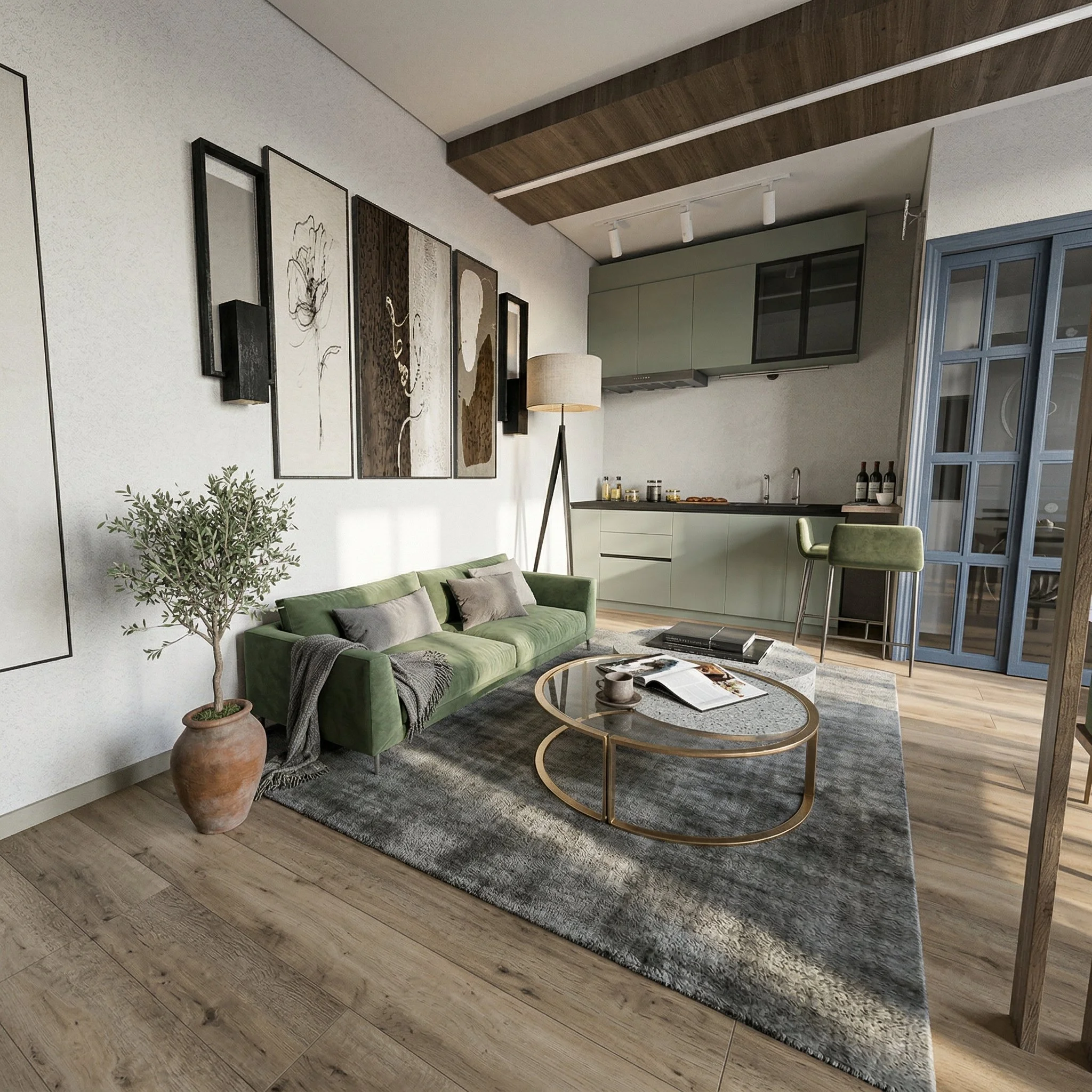 Compact Japandi mini loft living and kitchen area with green velvet sofa, round glass coffee table, sage green kitchen cabinets, wooden flooring and large abstract wall art in a bright, functional open space