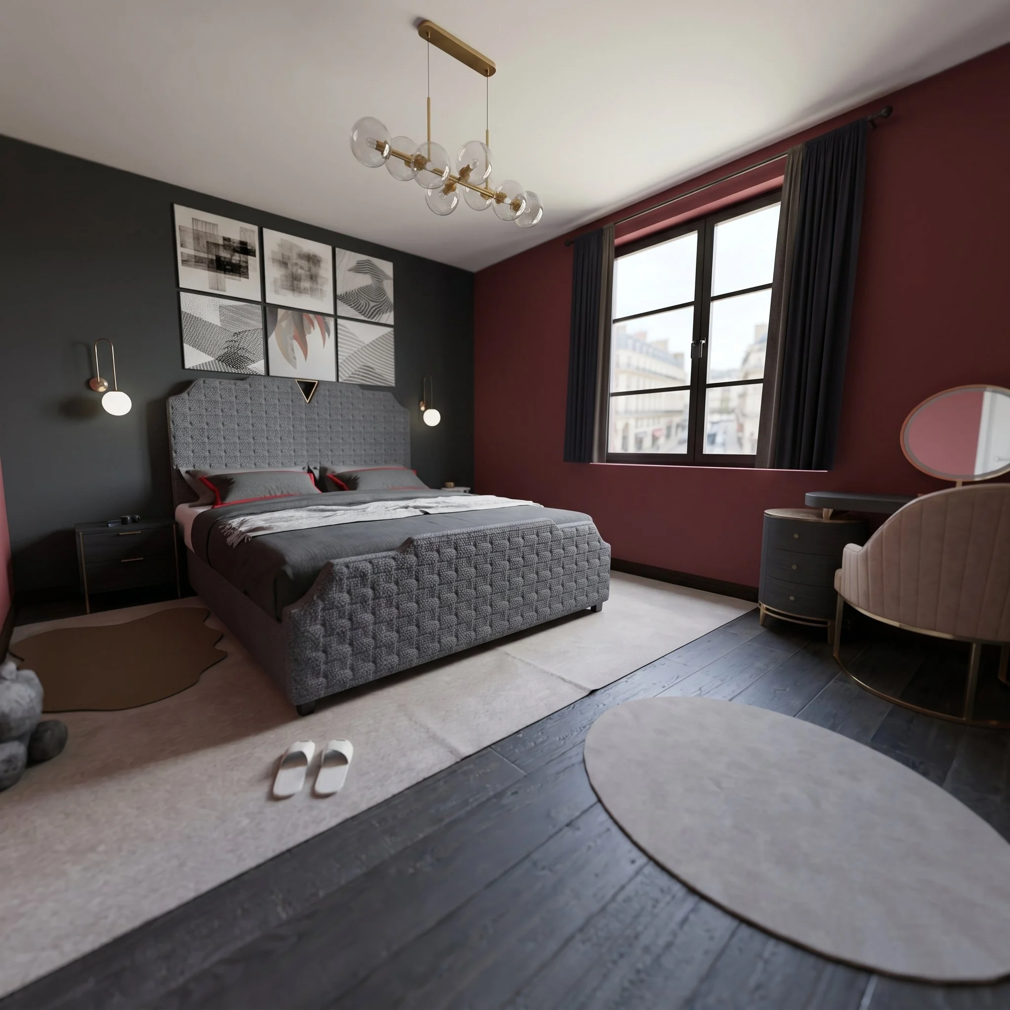 Dramatic modern bedroom with deep burgundy accent wall, large tufted gray bed, gold statement chandelier, artistic wall gallery and elegant nightstand lighting creating a luxurious, moody atmosphere