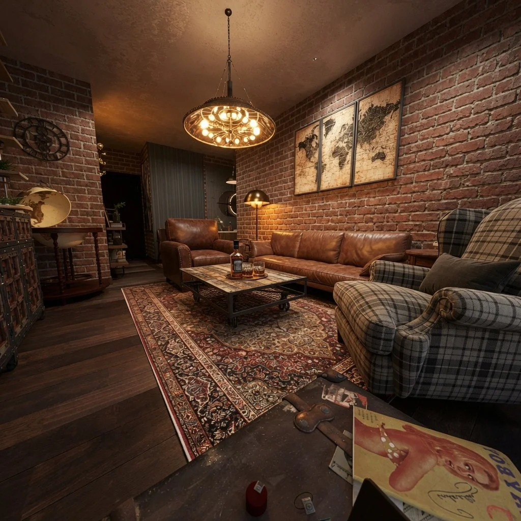Living room with brick walls, leather and plaid armchairs, a wooden coffee table, a patterned rug, and wall art of a world map. The room features industrial-style lighting and decorative items.