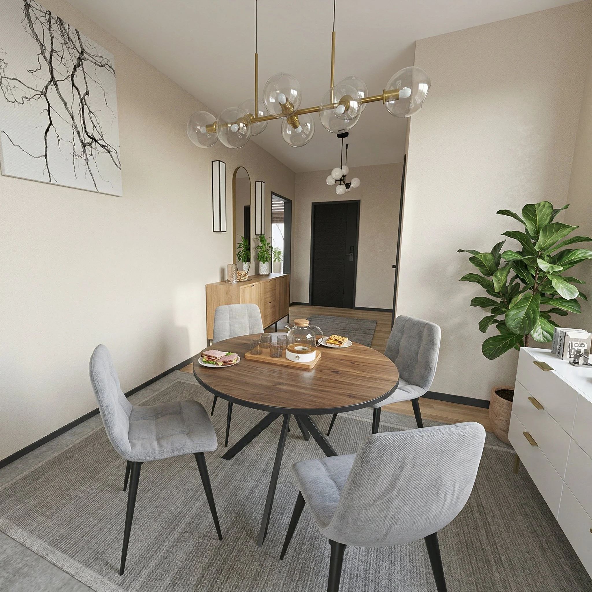 Elegant Japandi dining room with round wooden table, grey upholstered chairs, modern chandelier and open connection to living area in a bright, minimalist home