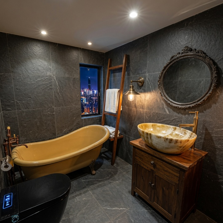 Modern bathroom featuring a yellow clawfoot bathtub, a black toilet with a lid, a wooden cabinet with a marble sink, a round ornate black mirror, a wall-mounted light with an exposed bulb, a wooden ladder towel rack, and a window showing a city skyline at night.