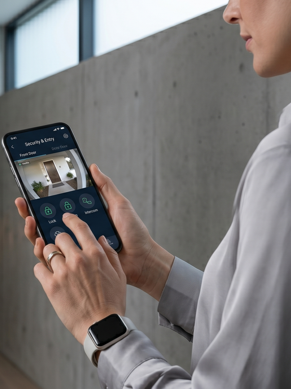 Person in a gray blazer using a smartphone to control home security system, with screen showing lock and intercom options, wearing a smartwatch, in front of a concrete wall.