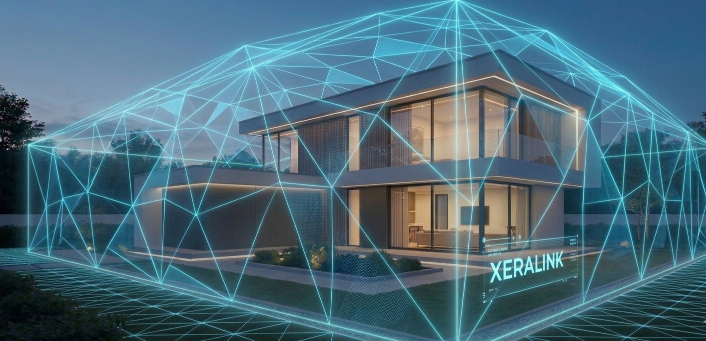 A modern house with large glass windows, surrounded by a virtual overlay of a digital network or holographic lines, with the label 'XERALINK' visible at the bottom.