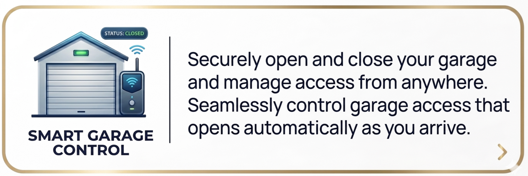 Graphic of a garage with a smart garage control system, showing a closed status and Wi-Fi signals, alongside text explaining how to securely open and close the garage remotely.