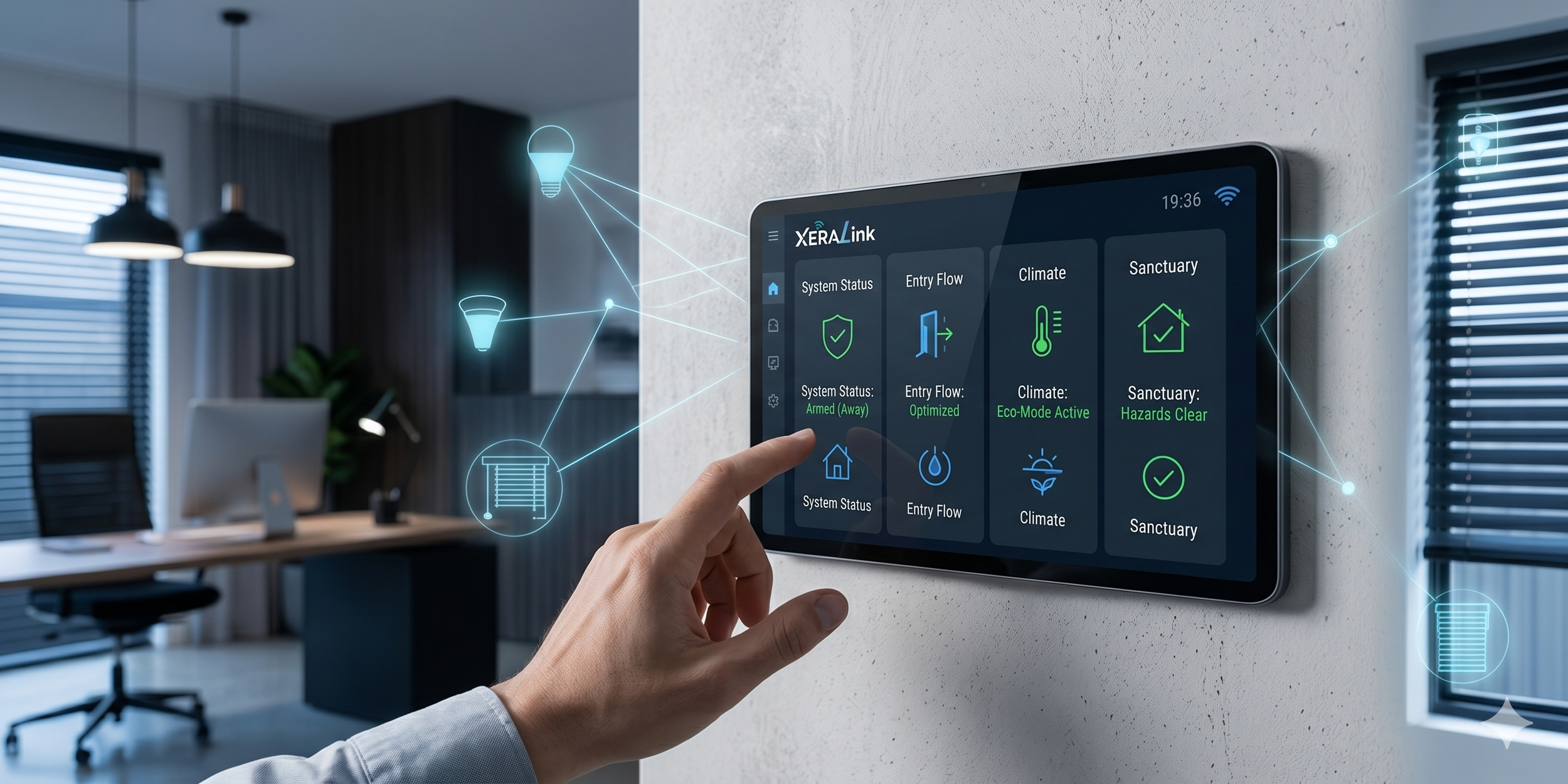 Smart home control panel mounted on a wall displaying system status, entry flow, climate, and sanctuary settings.