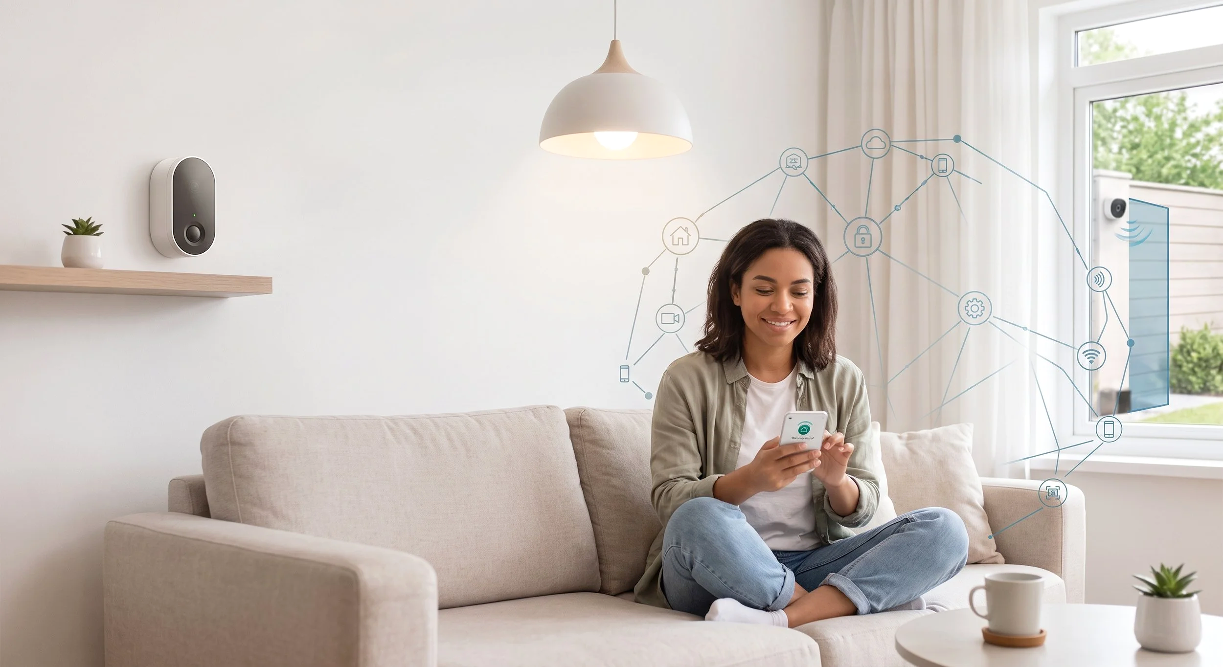A woman sitting on a beige sofa in a living room, looking at her smartphone with a smile. There are digital icons and lines overlayed around her representing smart home technology and connectivity. The room has a white wall with a small shelf holding a potted plant, and a window with white curtains showing greenery outside.