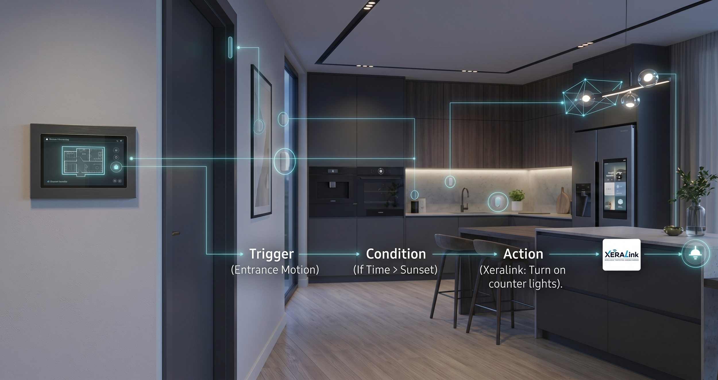 A modern smart home kitchen with a digital control panel on the wall displaying a floor plan, and a diagram overlay illustrating how a home automation system works with labels for trigger (entrance motion), condition (if time is after sunset), and action (turn on counter lights).
