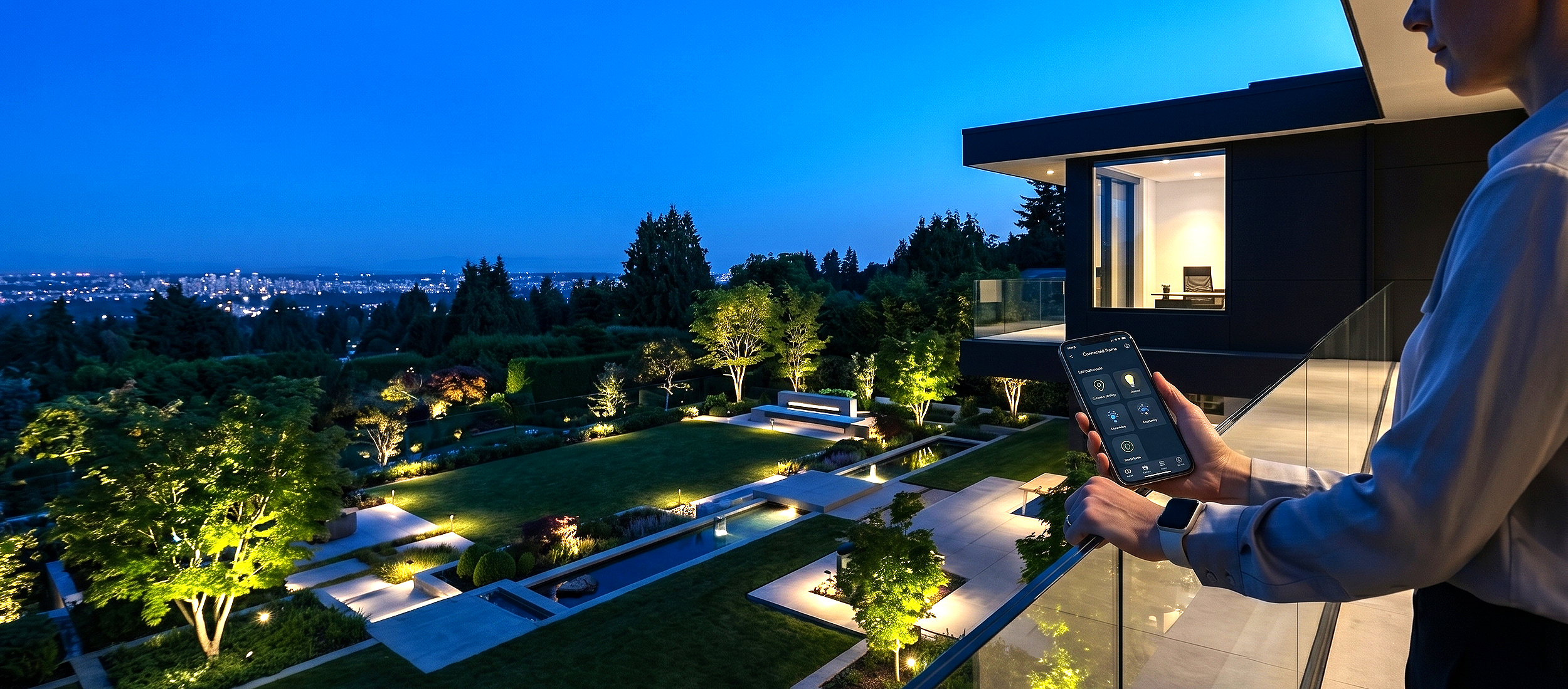 A person holding a smartphone controlling smart home devices on a balcony at night, overlooking a lit garden and cityscape.