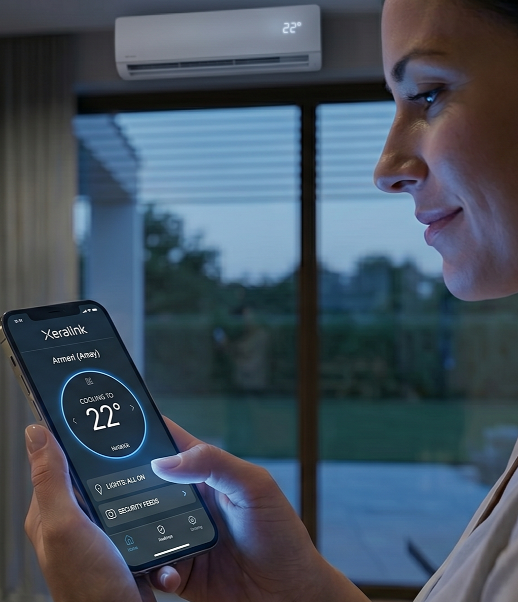 A woman is adjusting a smart home thermostat on her smartphone, set to 22 degrees Celsius, with an indoor air conditioning unit above her and a window showing an outdoor scene.