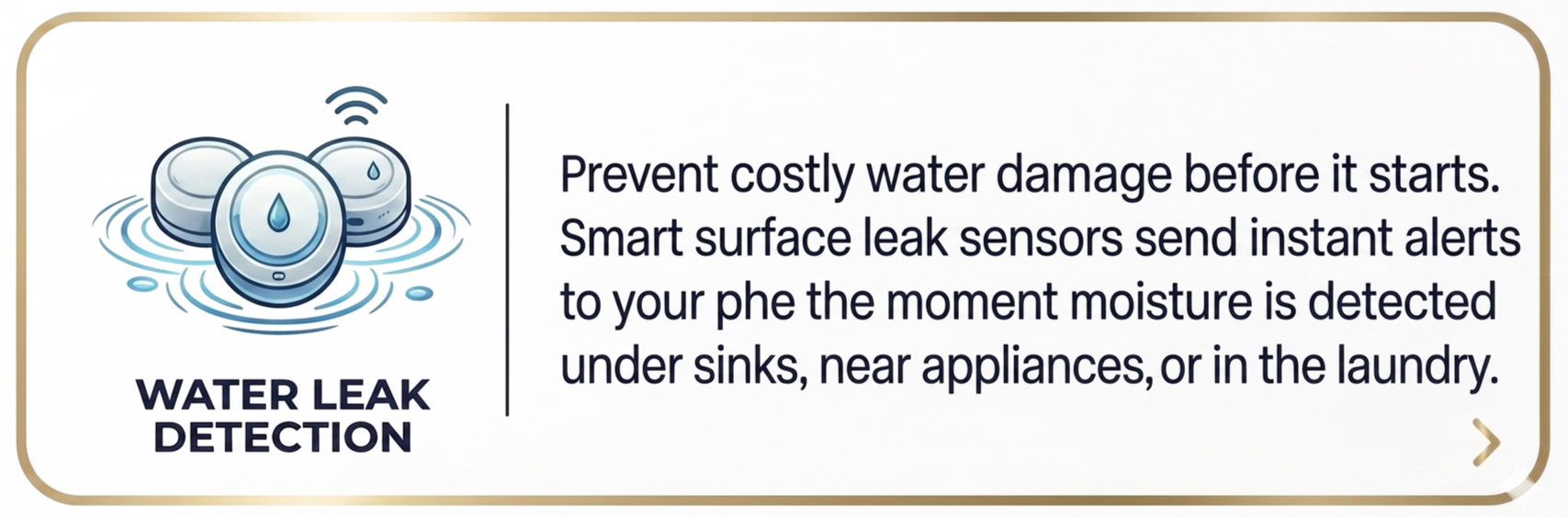 Illustration of water leak sensors emitting alerts, accompanied by text explaining their purpose to prevent costly water damage by detecting moisture under sinks, near appliances, or in laundry areas.