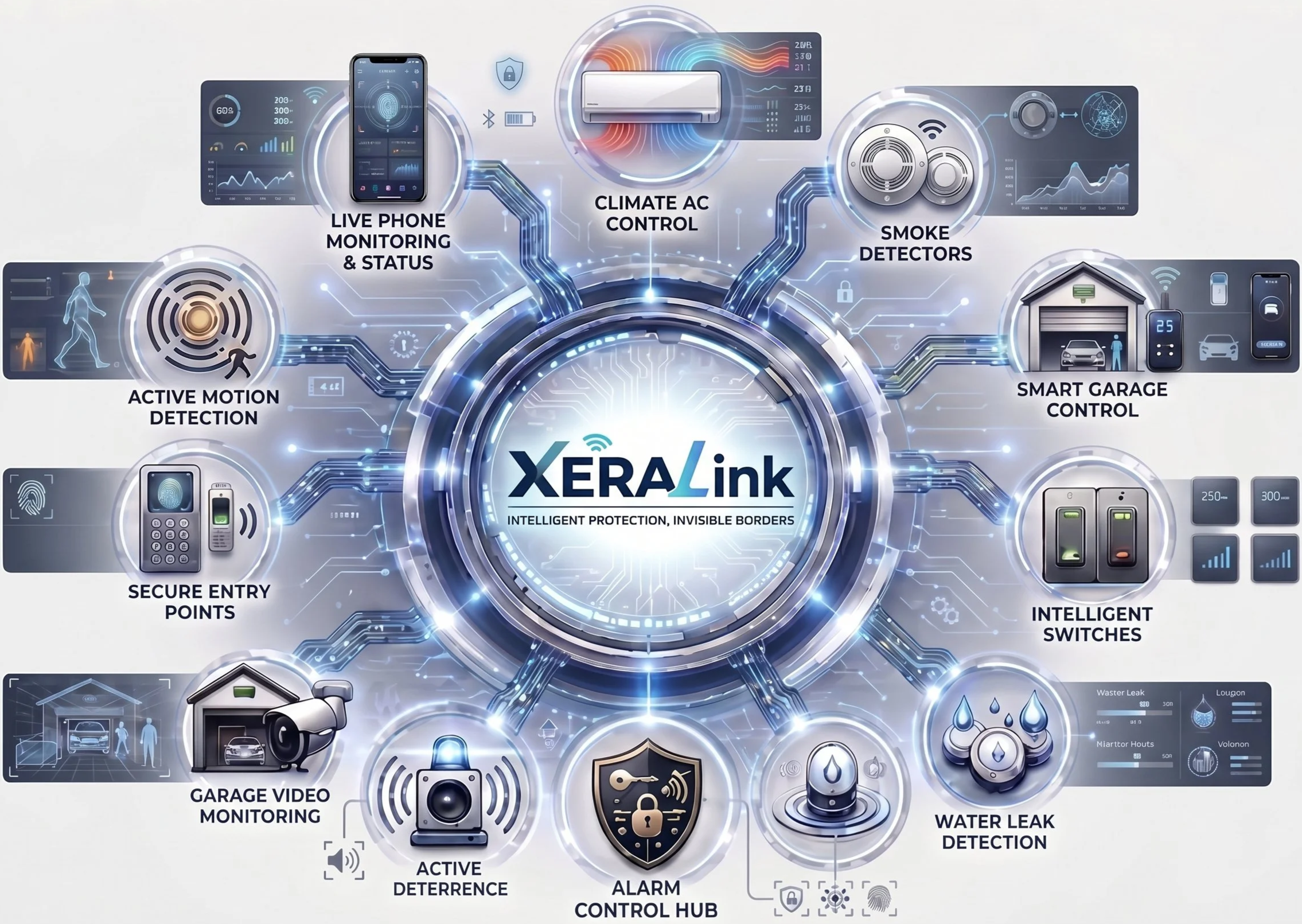 Diagram of XeraLink smart home security system with interconnected features including live phone monitoring, climate control, smoke detectors, garage video monitoring, water leak detection, alarm control hub, active deterrence, secure entry points, intelligent switches, and smart garage control.