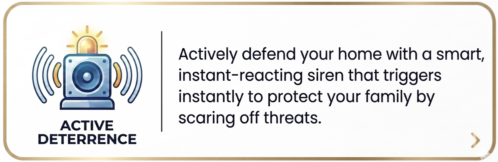 Icon of a siren with a light on top, emitting sound waves, next to text about active home defense with smart siren technology.