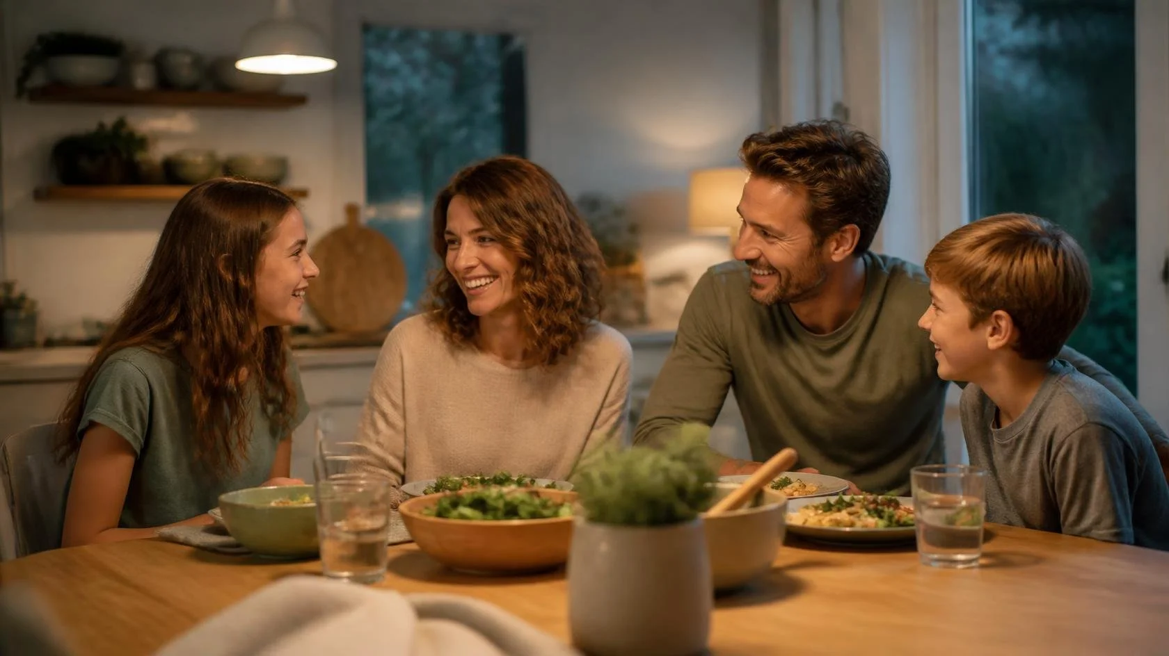 Family of four laughing together around the kitchen table at home