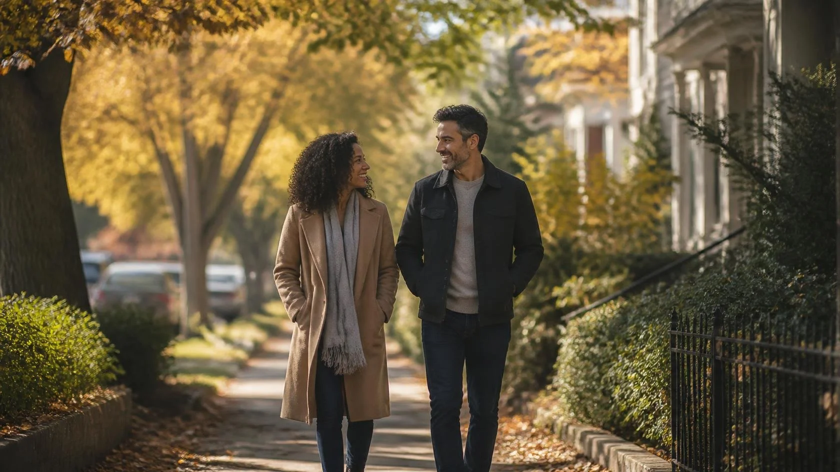 Couple laughing together while walking down a tree-lined street in the fall