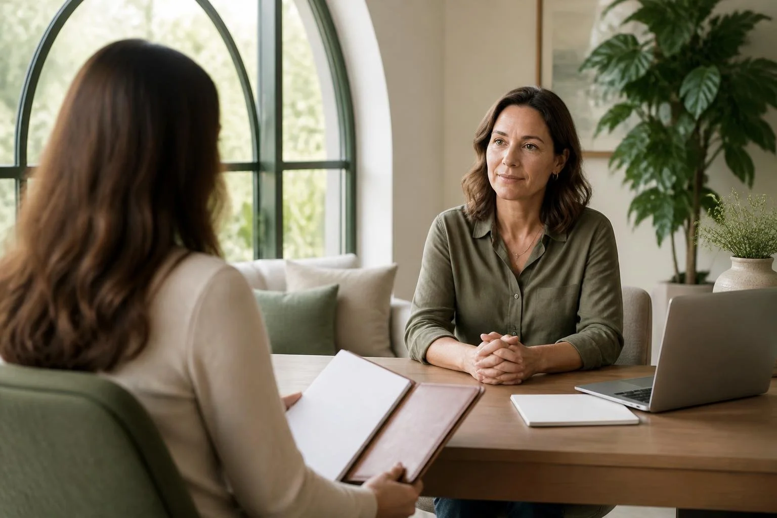 Woman meeting with a therapist at a desk for a mental health assessment