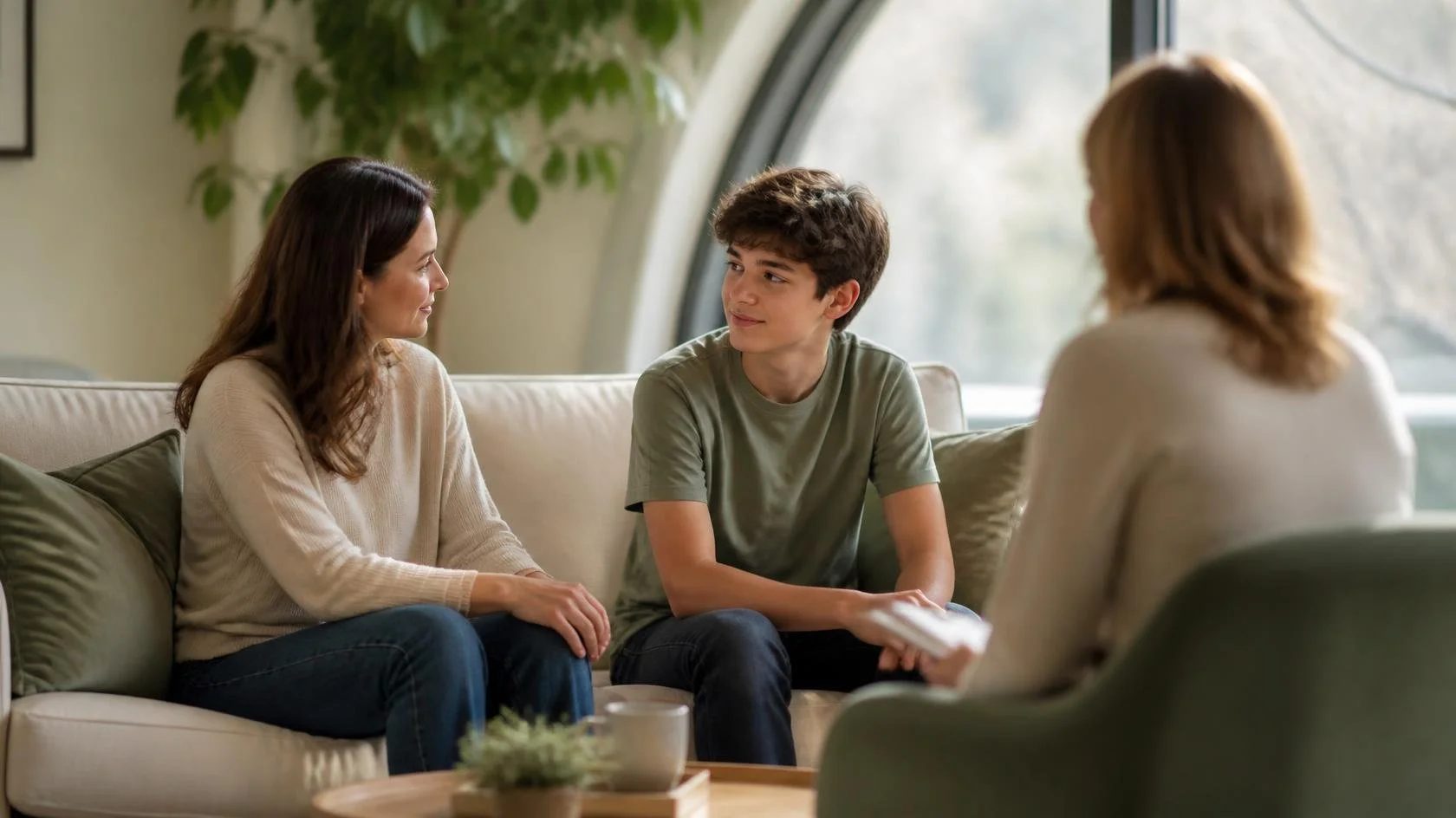 Mother and teenage son talking during a family therapy session
