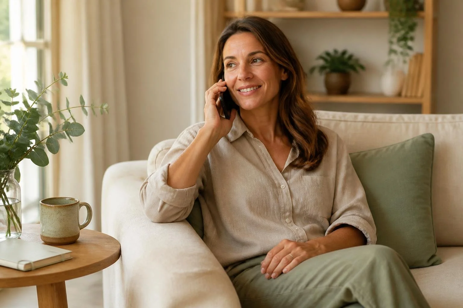 Woman smiling during a phone call on her couch at home