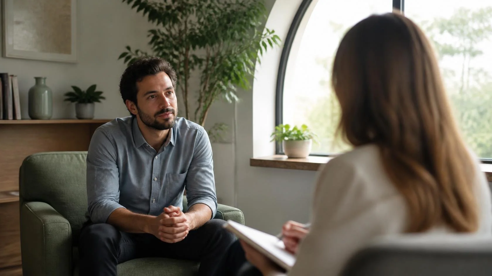 Man talking with a therapist during a mental health assessment in a Columbus counseling office