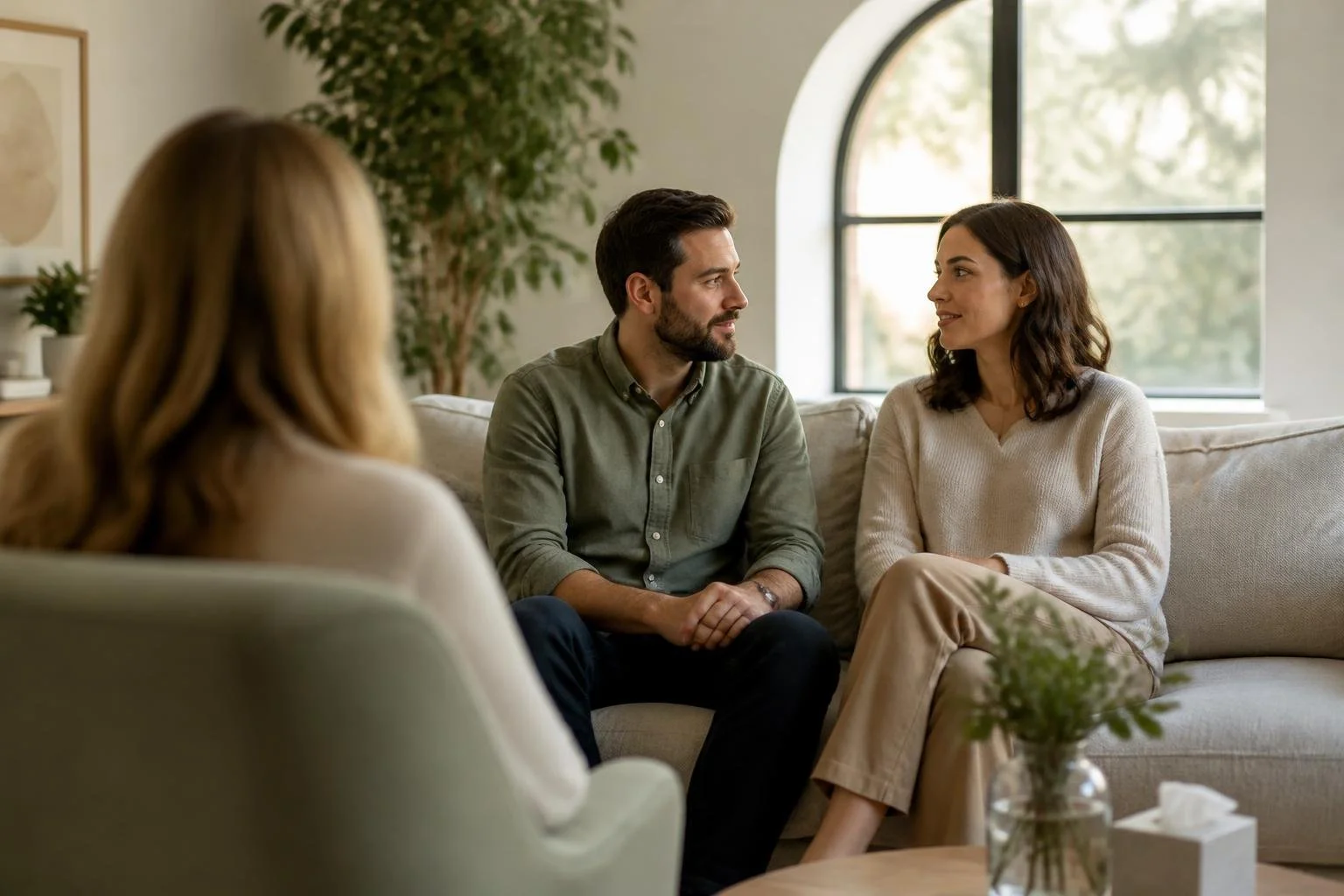 Couple talking calmly with a therapist during a couples therapy session
