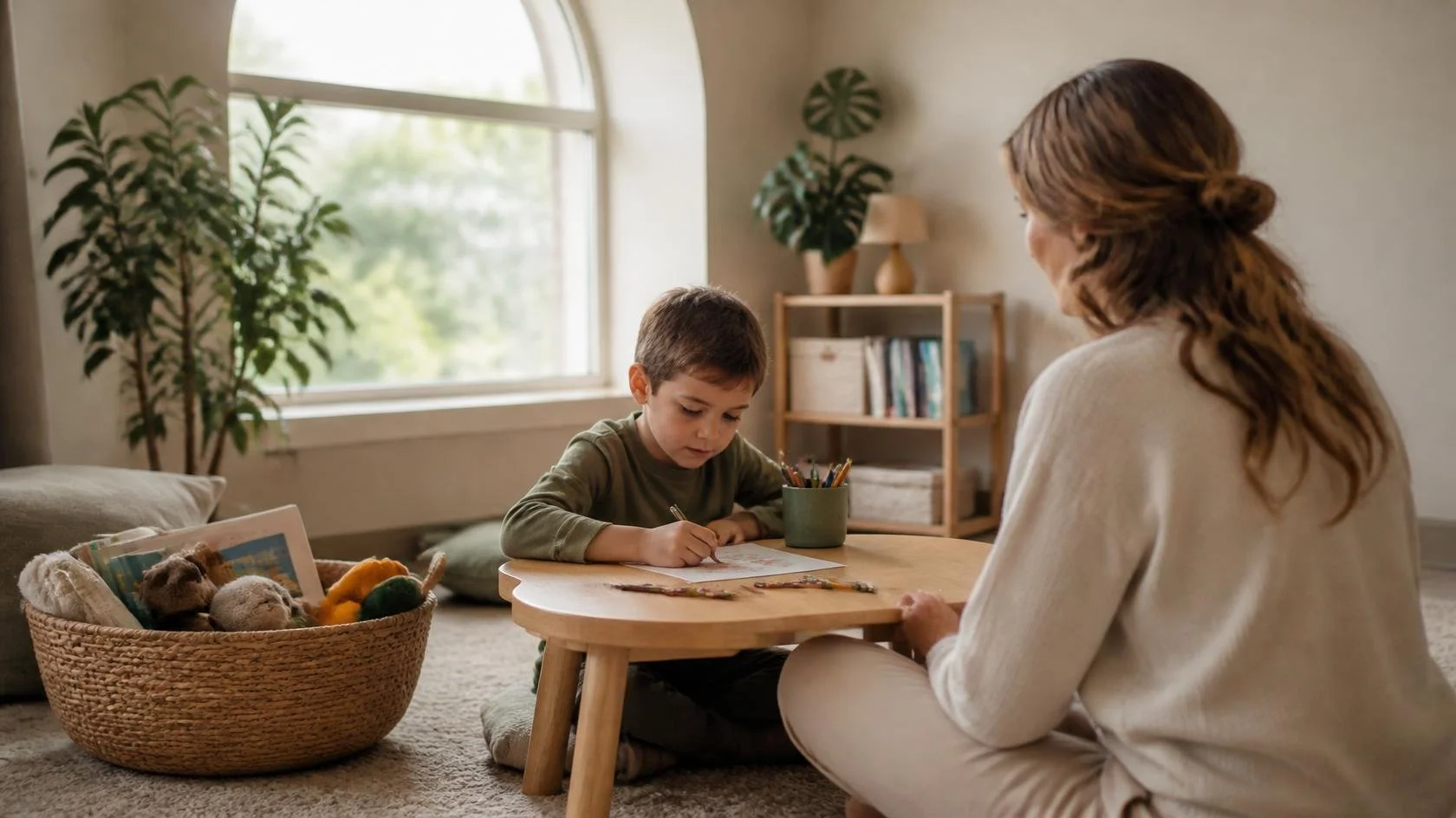 Young boy drawing at a small table while a therapist sits beside him