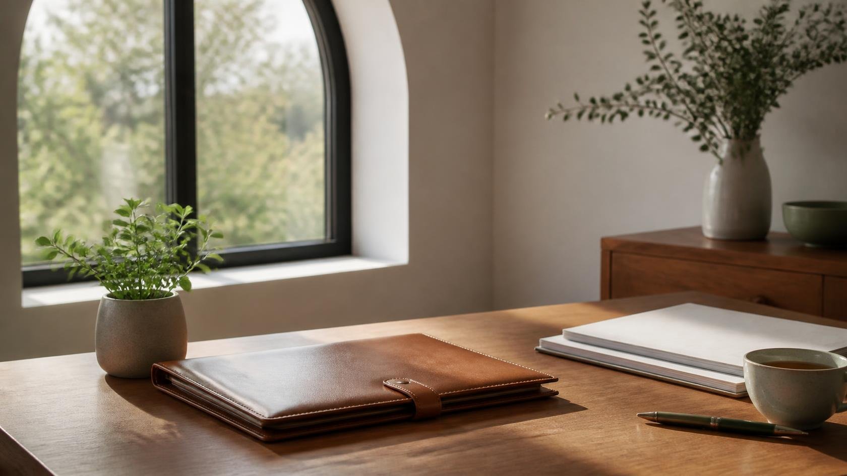 Leather folder and papers on a desk by a window in a calm counseling office
