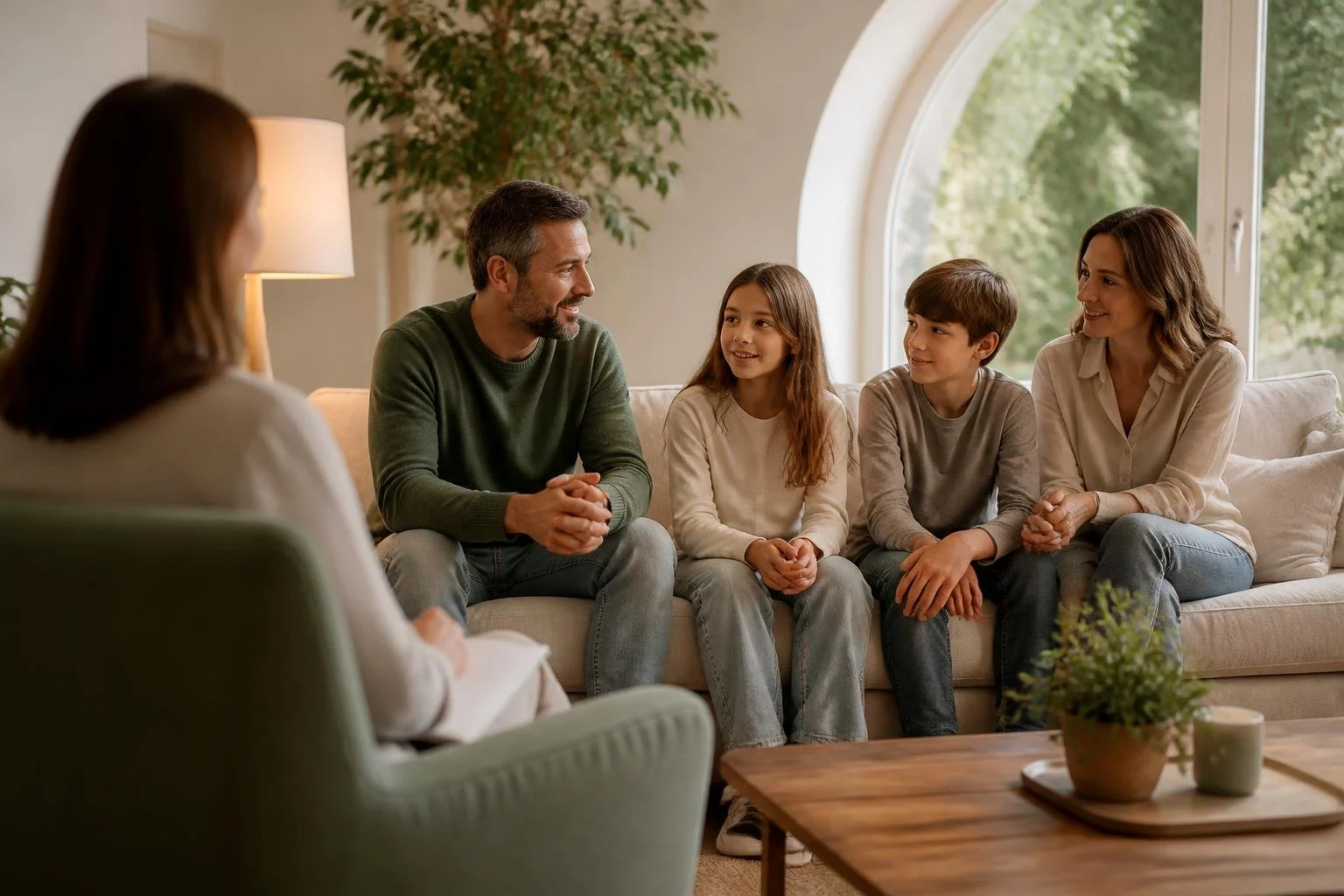 Family of four talking with a therapist during a family therapy session