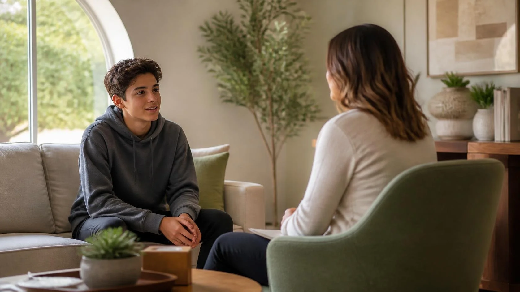 A young man in a gray hoodie talking to a therapist with brown hair in a beige sweater, sitting in a cozy living room with a large window, a green plant, and artistic decor.