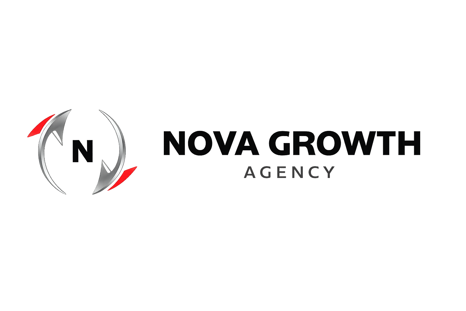 A graphic with a silver and red logo resembling a stylized letter 'N' or a crescent moon and a sphere, next to text that reads 'NOVA GROWTH AGENCY' in black letters on a dark and colorful background.