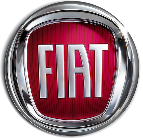 Close-up of a Fiat logo with a red background and silver border.