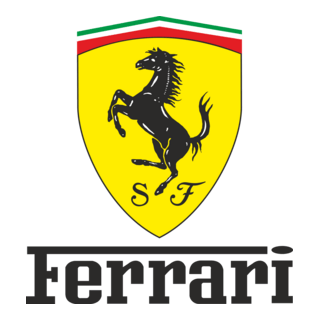 Ferrari logo featuring a black prancing horse on a yellow shield with 'S F' at the bottom and a green, white, and red stripe at the top