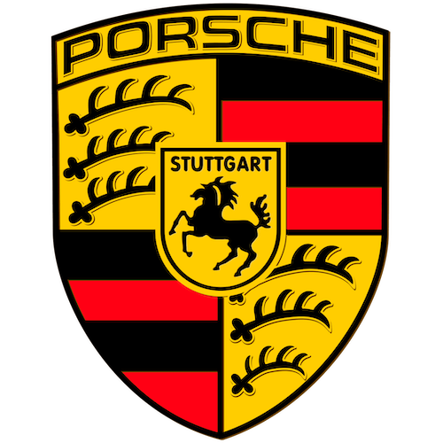 The Porsche logo with a yellow shield featuring a black horse, the word "Stuttgart," and red and black stripes.