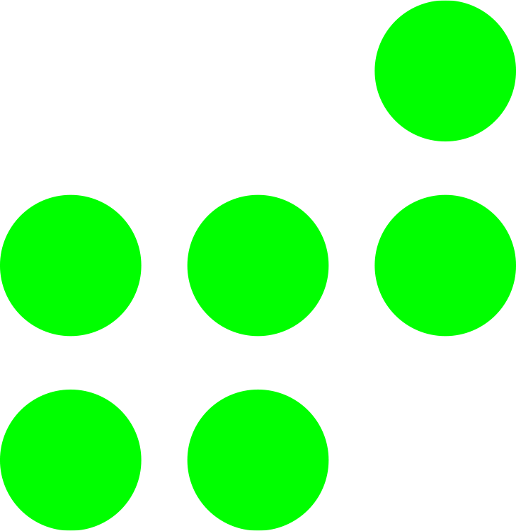 A black background with seven neon green circles arranged with one at the top right, three in the middle row, and three at the bottom, resembling a simplified abstract pattern.