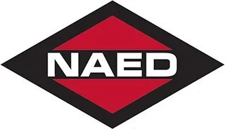 NAED logo with red and black diamond shape and white text